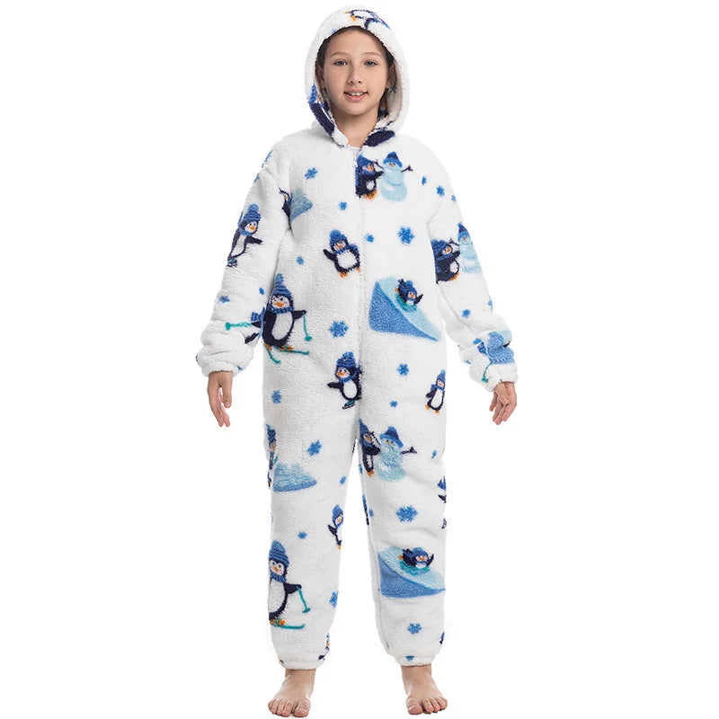 One Piece Hooded Stitch Pajamas Boys Girls Cartoon Sleepwear Unicorn Thick Fleece Onesies Warm Hoodie Pajamas Sets