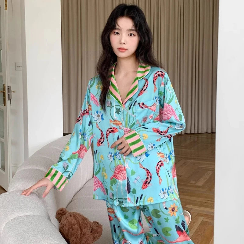 Spring Autumn New Ice Silk Soft Women's Pajamas Set Buttons Cardigan Womens 2 Piece Outfit Set Senior Printing Pajamas for Girls