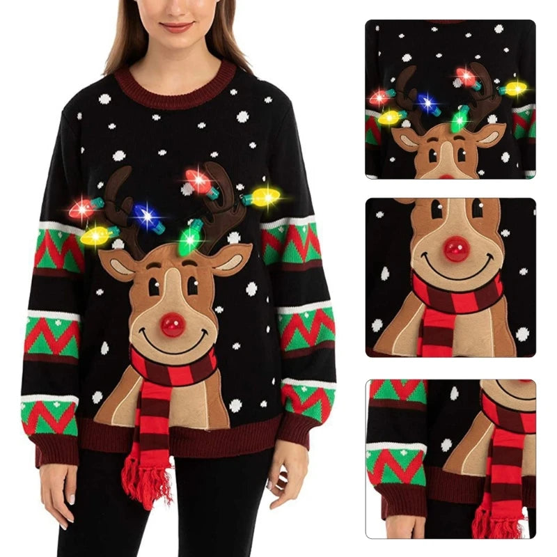 Women's LED Light-Up Christmas Sweater – Festive Reindeer Knit Holiday Pullover Top