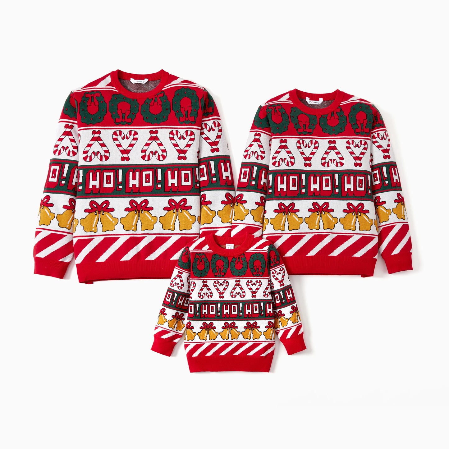 Christmas sweater family matching tops with festive bells and candy cane design. 