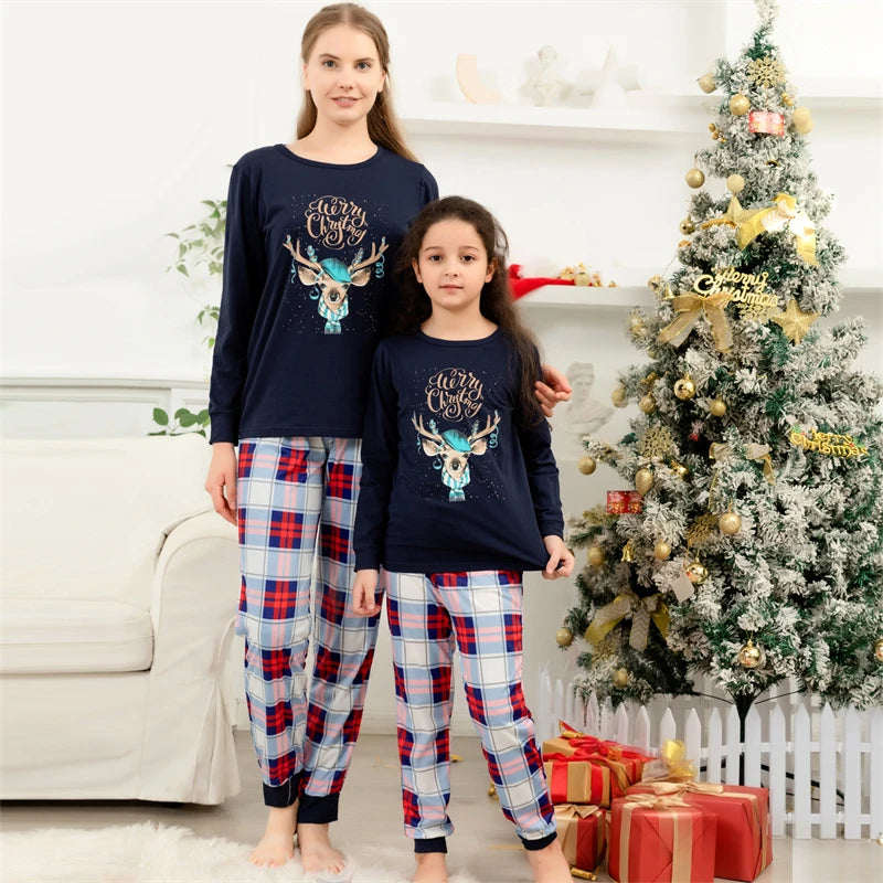 2024 Christmas family matching pajamas set with deer print and plaid design, perfect for parents and kids.