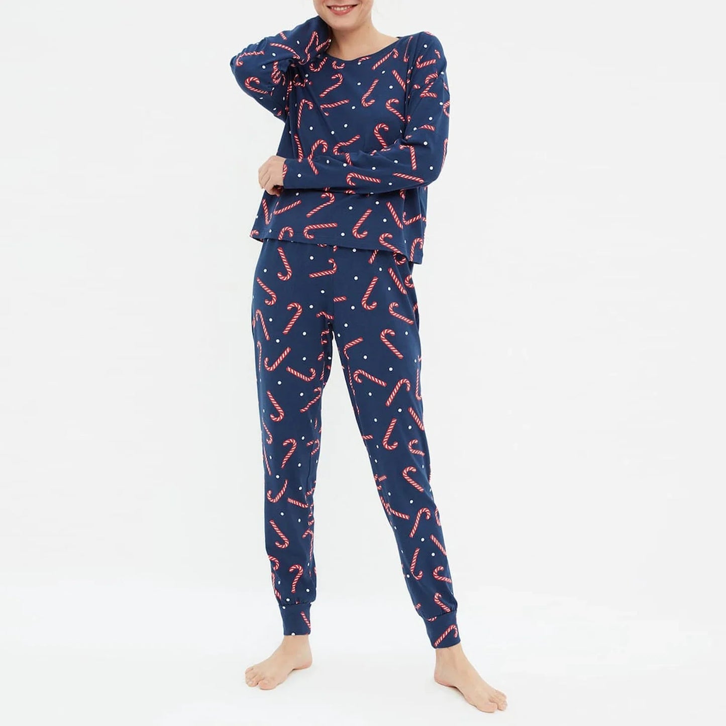 Women Christmas Pajamas Set Candy Cane/Elk Print Long Sleeves Shirt and Elastic Pants Loungewear Soft Sleepwear