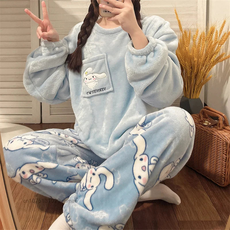 Cinnamoroll & Kuromi Hello Kitty Fuzzy Plush 2 Pcs Pajamas for Women Autumn Winter New Warm Cozy Sleepwear Home Casual Clothes