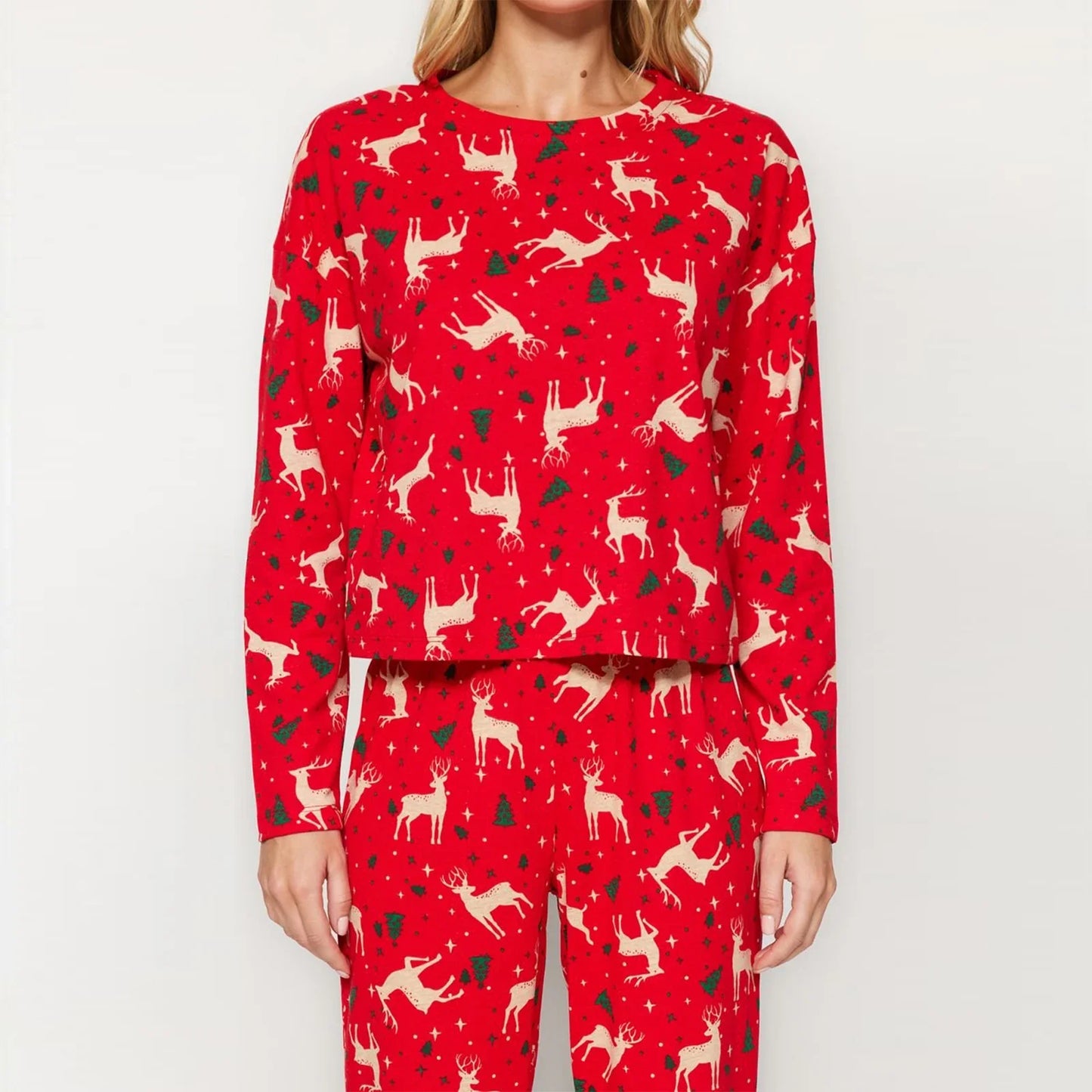 Women Christmas Pajamas Set Candy Cane/Elk Print Long Sleeves Shirt and Elastic Pants Loungewear Soft Sleepwear