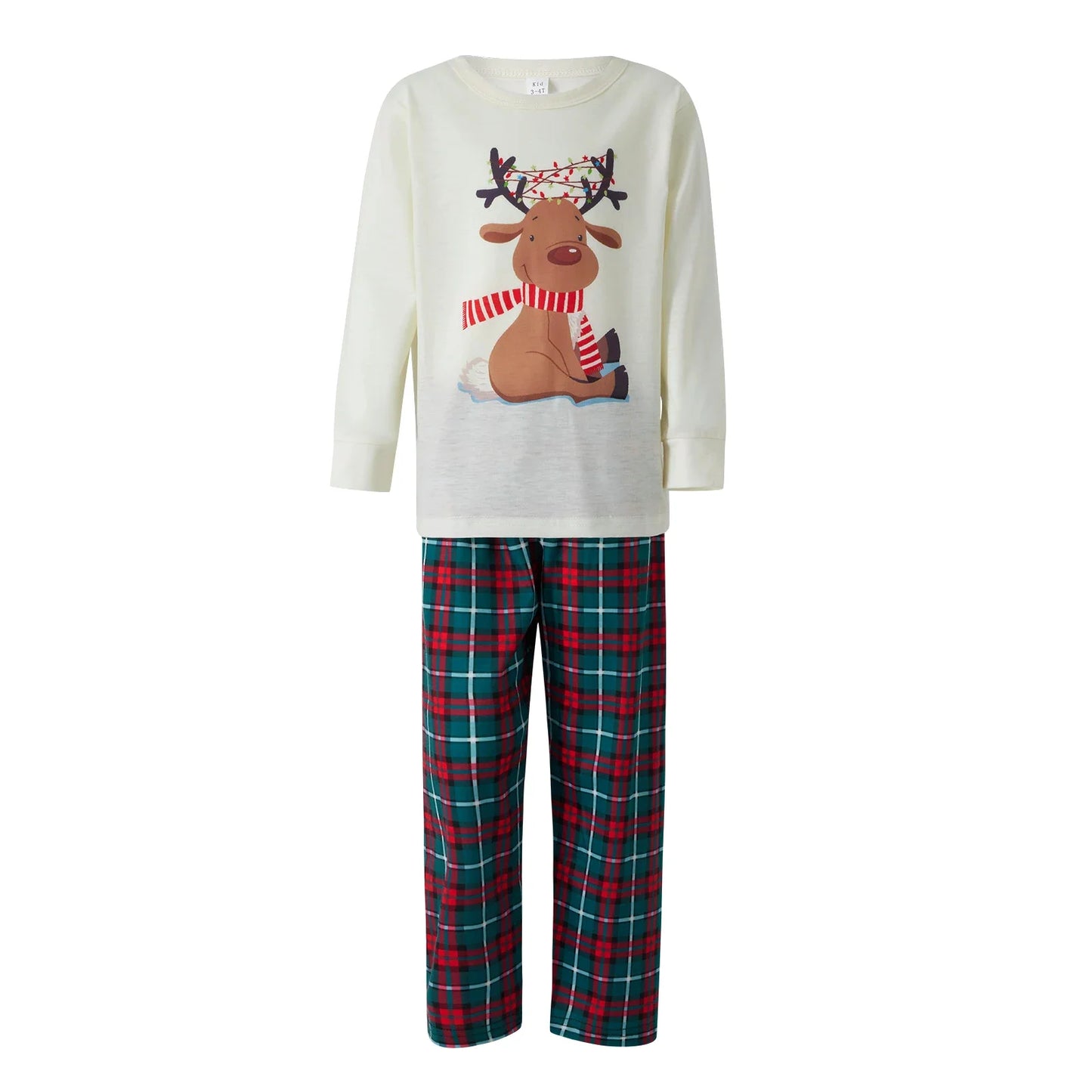 Family Christmas Pajamas Matching Set, Elk Print Long-Sleeve Tops with Plaid Pants Sleepwear Set for Adult, Kid, Baby, Dog