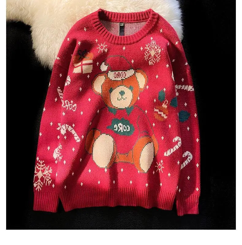 Kawaii Vintage Bear Christmas Sweater – Loose Fit Red & Green for Couples