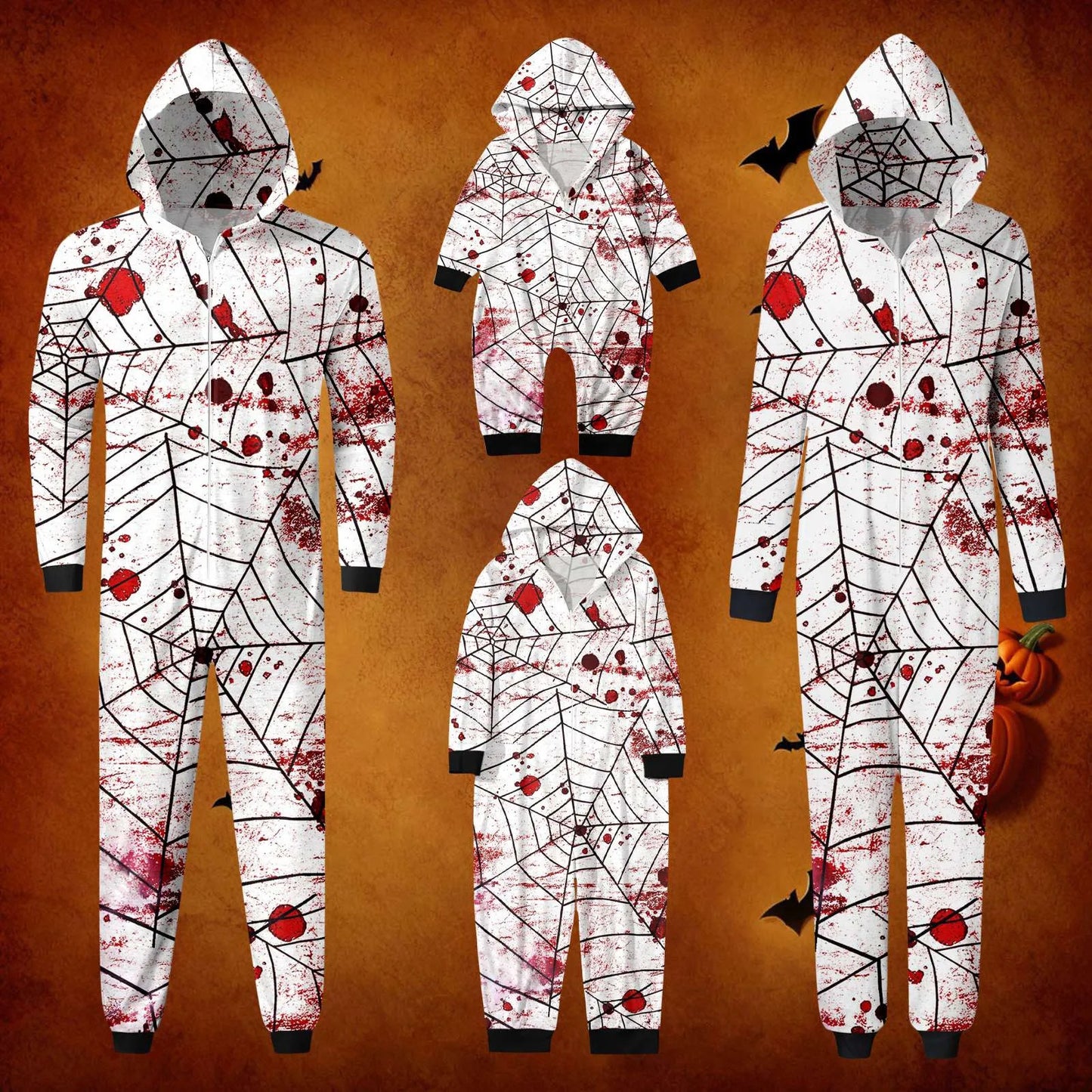 Halloween Family Matching Spider Web Print Jumpsuit with Zip and Hood, Perfect for Family Parties and Cosplay