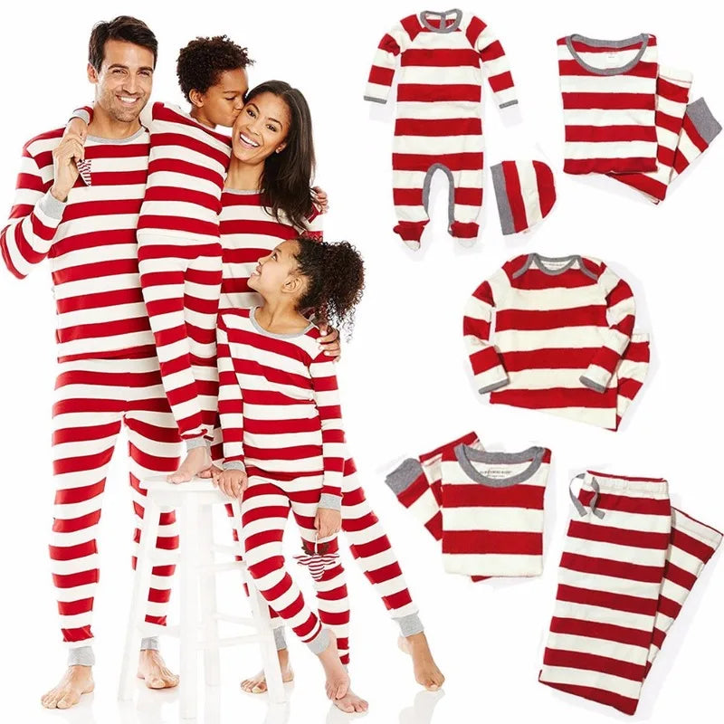 Christmas family matching pajamas set featuring striped designs for mom, kids, and baby.