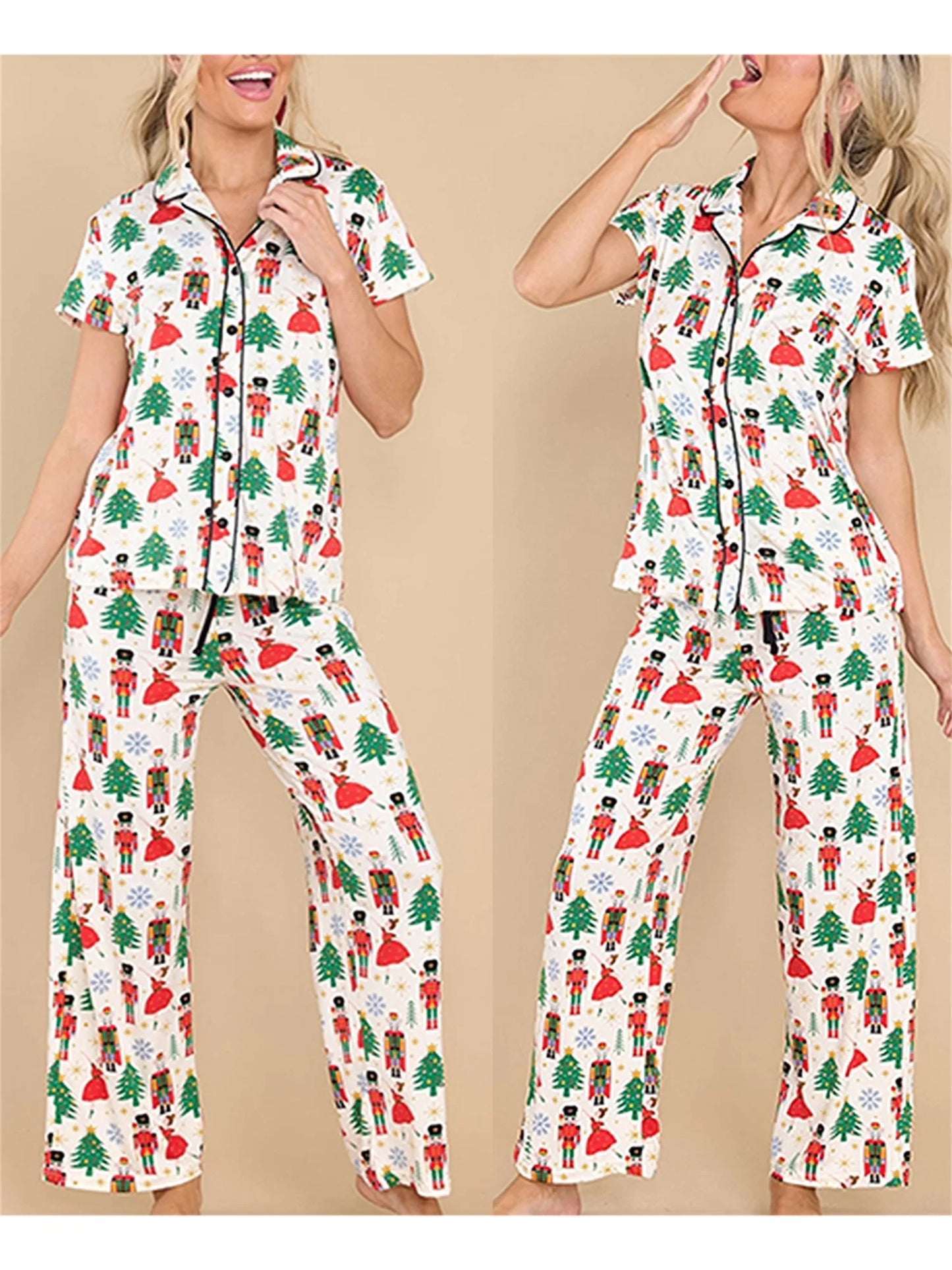 Women 2 Piece Pajamas Set Christmas Print Short Sleeves Shirt Pants Set Loungewear Soft Sleepwear