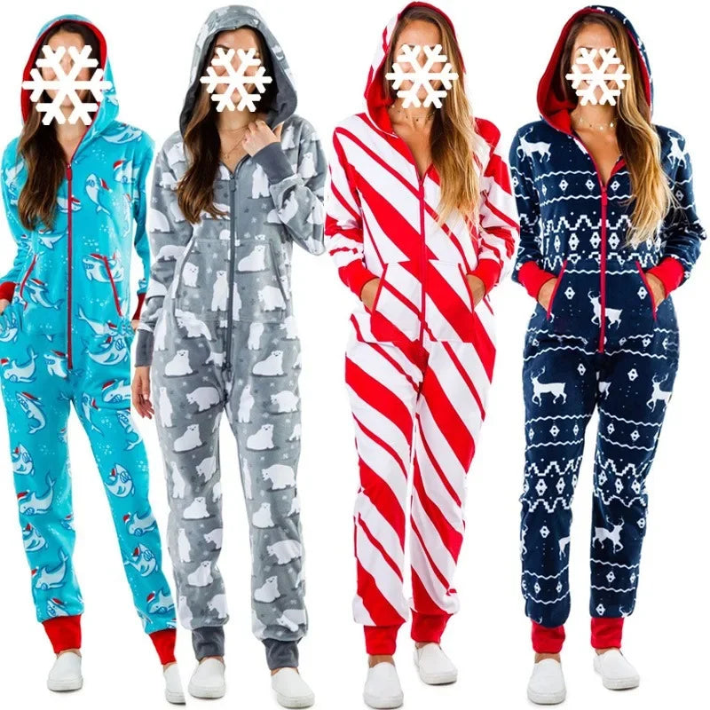 Christmas Printed Hooded Jumpsuit for Women 2023 Autumn Winter Couples New Striped Elk Zipper Pocket Pajamas Sleepwear