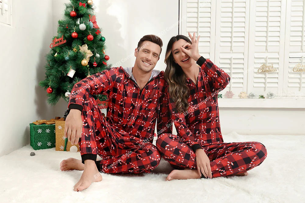 Adult Onesie Pajamas Christmas Matching Pajamas For Couples Black&Red Grid Pajamas Set Family One Piece Jumpsuit Hoodie Women