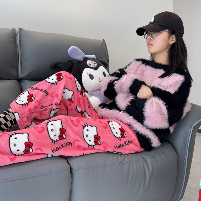 Sanrio Hello Kitty Pajamas Pants Black Pink Anime Flannel Women Warm Woolen White Cartoon Casual Home Pant Autumn Grils Trousers