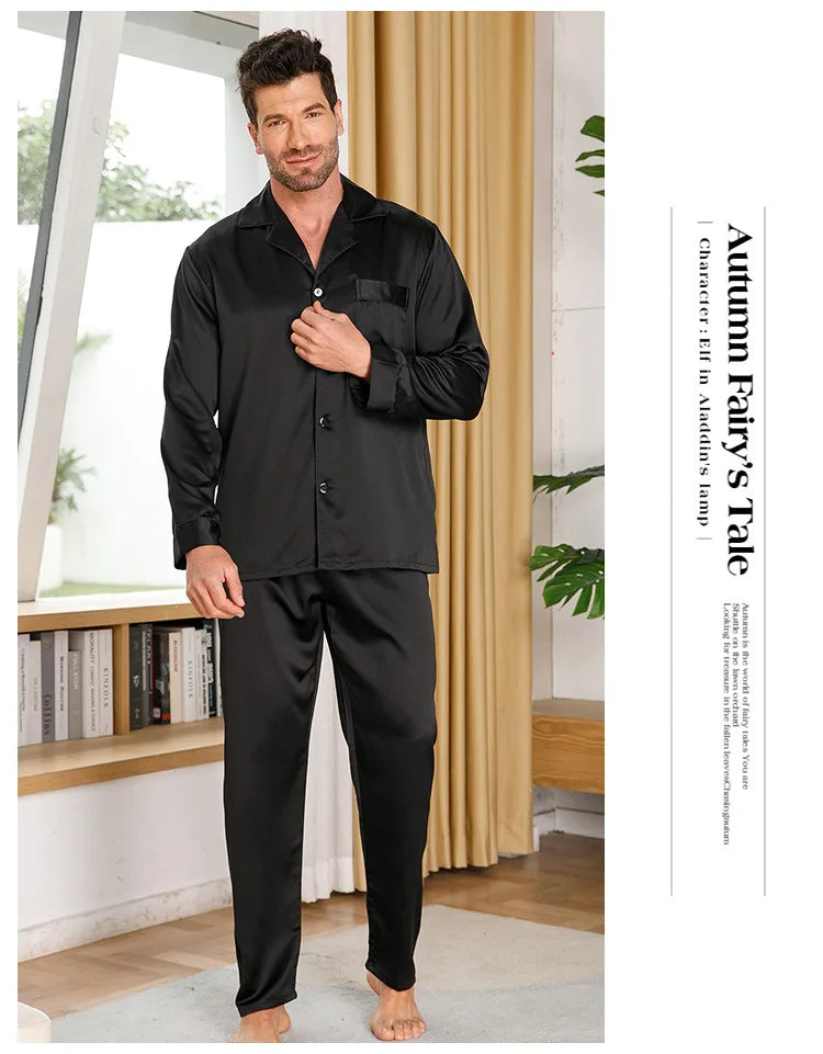 Black Pajamas Suit Men Satin Home Clothes Long Sleeve Shirt&pants 2Pcs Nightwear Casual Outfit Solid Sleepwear Man Loungewear