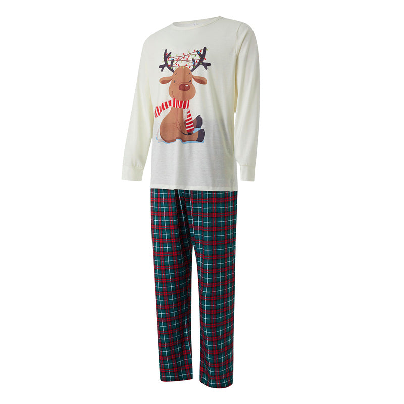 Family Christmas Pajamas Matching Set, Elk Print Long-Sleeve Tops with Plaid Pants Sleepwear Set for Adult, Kid, Baby, Dog