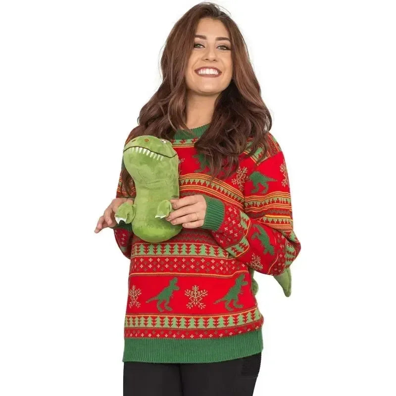 2023 Christmas Sweater Unisex 3D Dinosaur Ugly Cartoon Knitted Clothing Doll Pullover Funny Parties Holiday Jumper Top Cool Gift