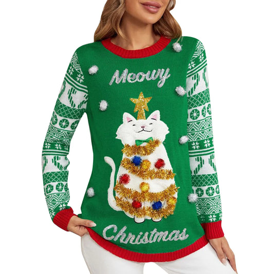 Women’s 2024 Christmas Cartoon Cat Print Ugly Sweater in cozy knitwear style, perfect for autumn and winter wear.