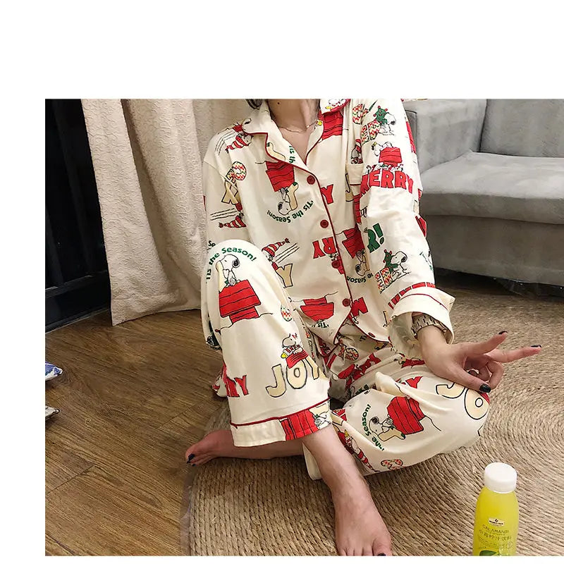 Ins Christmas Tree Snoopy Pajamas Cartoon Soft Female Cardigan Couple Long Sleeved Trousers Anime Home Service Suit Girls Gifts