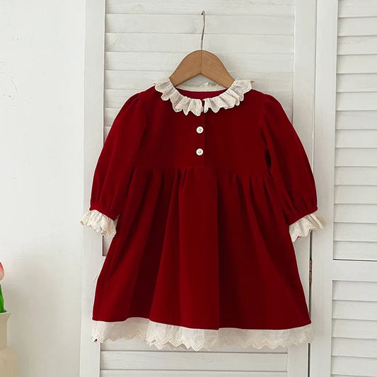 Fashion Christmas Party Dress Baby Girl Lace Princess Ruffle Satin Finish Dress Christmas Holiday Autumn Winter Wear Kids Girl