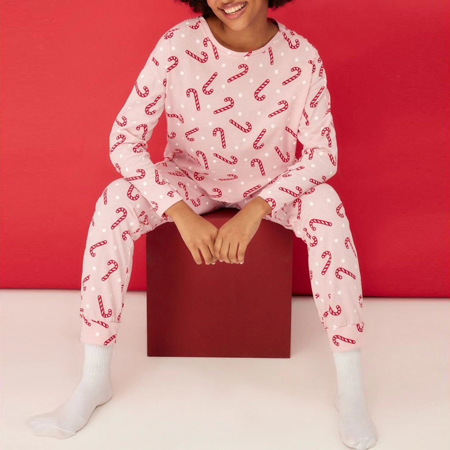 Women Christmas Pajamas Set Candy Cane/Elk Print Long Sleeves Shirt and Elastic Pants Loungewear Soft Sleepwear