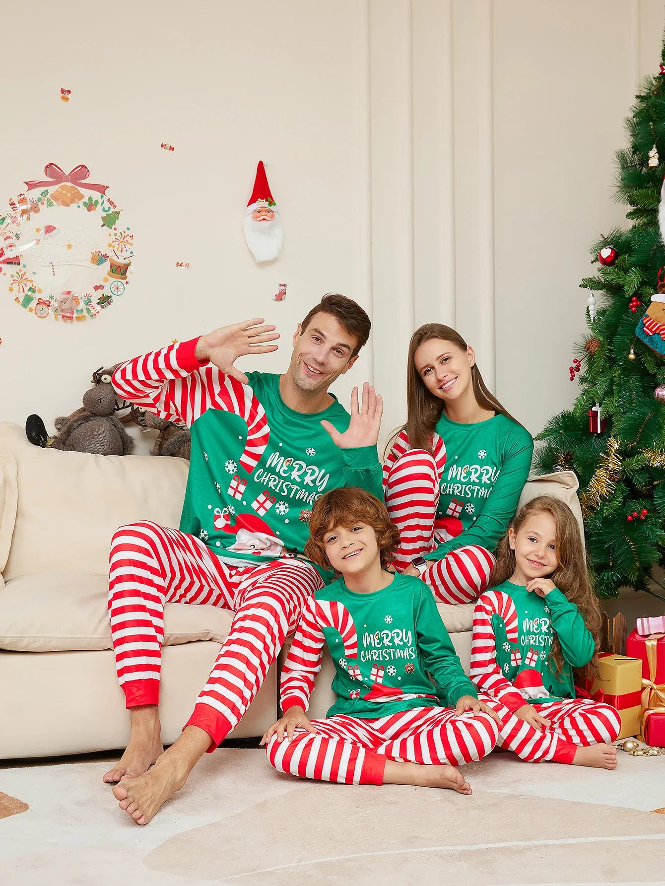 Christmas Family Matching Pajamas Set, Green Santa Claus Print for Adults, Kids & Baby