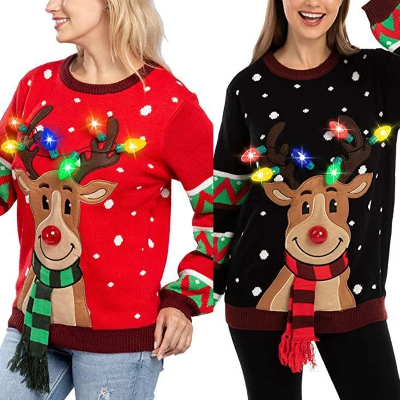 Women's LED Light-Up Christmas Sweater – Festive Reindeer Knit Holiday Pullover Top