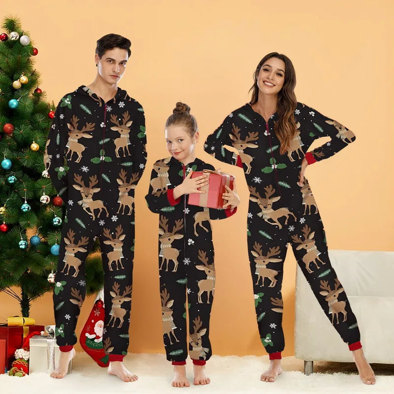 Christmas Gift For Family Pajamas Cute Deer Ear Hooded Jumpsuit Mother Father Kids Baby Matching Outfit Rompers Xmas Family Look