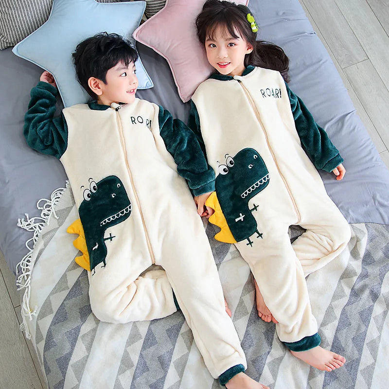 Girls Pajamas Sets Boy Pajamas Children Thick Warm Flannel Dinosaur Kids Sleepwear Winter Girl Home Suit Jumpsuits Twins Clothes