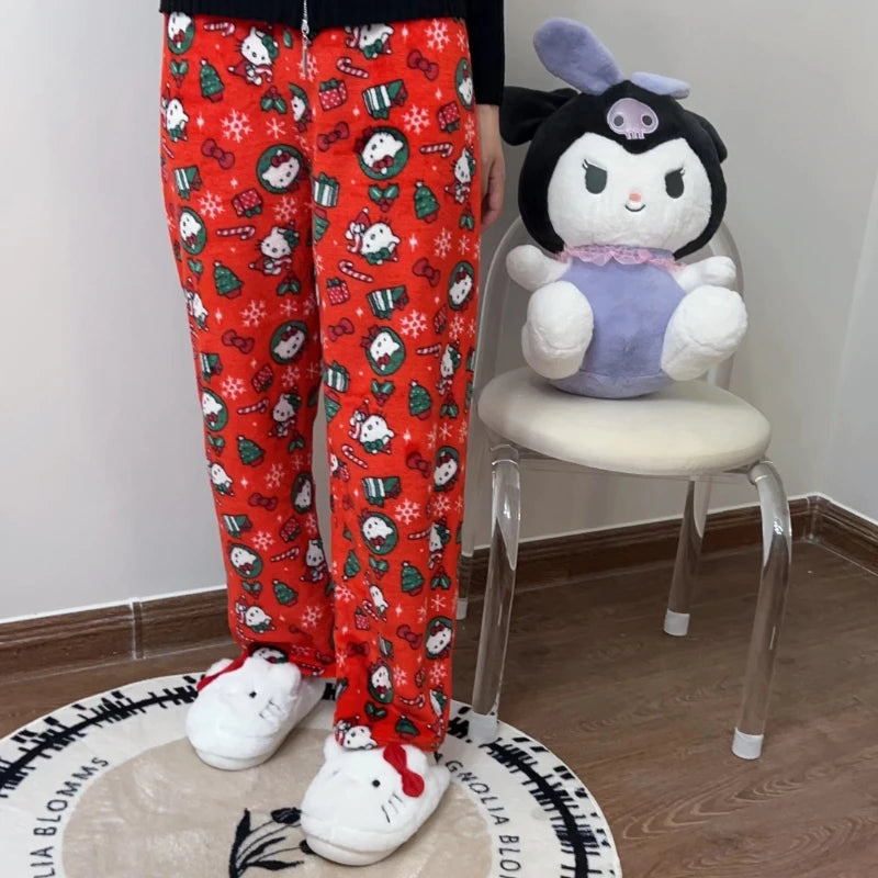 Sanrio Hello Kitty Pajamas Pants Black Pink Anime Flannel Women Warm Woolen White Cartoon Casual Home Pant Autumn Grils Trousers