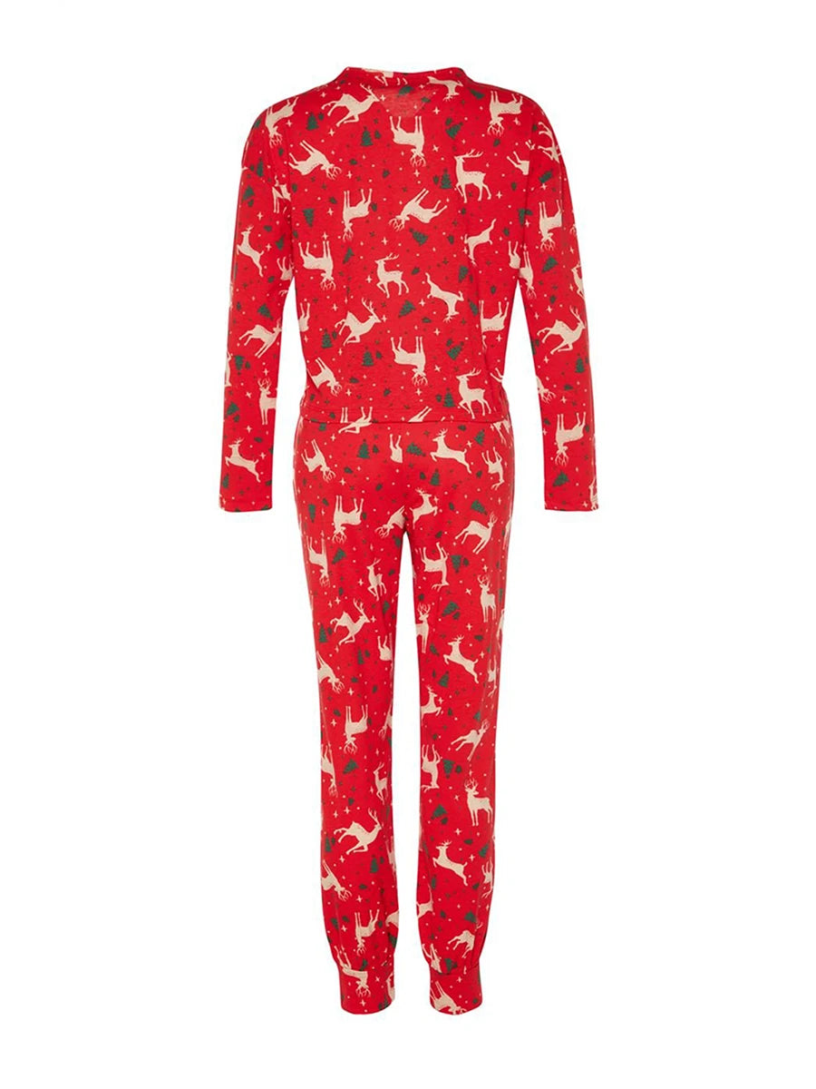 Women Christmas Pajamas Set Candy Cane/Elk Print Long Sleeves Shirt and Elastic Pants Loungewear Soft Sleepwear