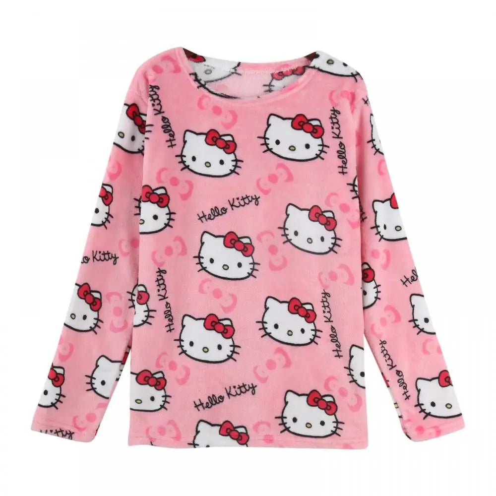 2PCS Sanrioed Hello Kittys Kawaii Loungewear Set Loose Flannel Ladies Pajama Pants Girl Autumn Women Casual Cute Home Clothing