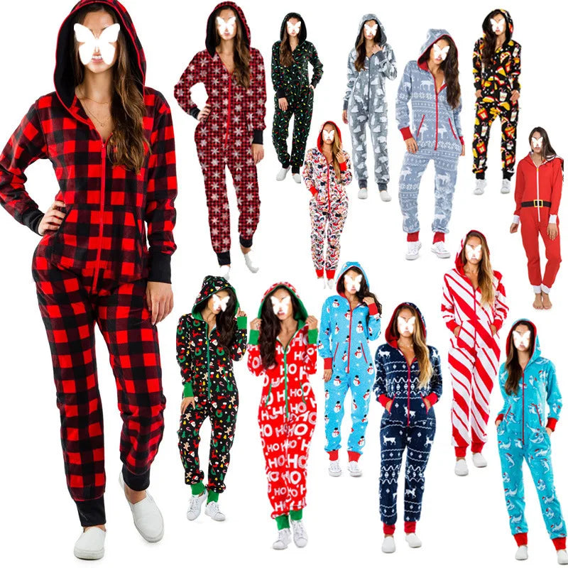 Christmas Printed Hooded Jumpsuit for Women 2023 Autumn Winter Couples New Striped Elk Zipper Pocket Pajamas Sleepwear