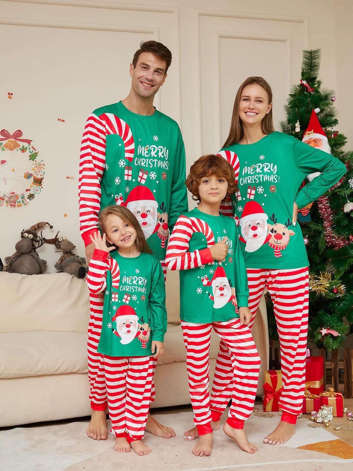 Christmas Family Matching Pajamas Set, Green Santa Claus Print for Adults, Kids & Baby