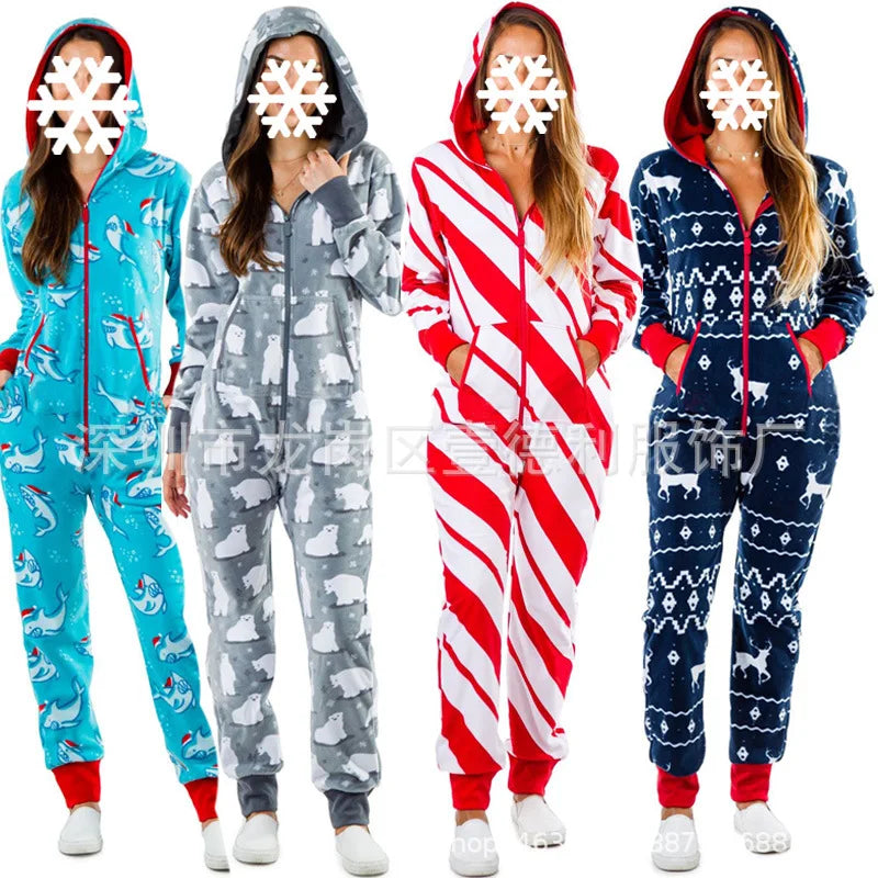 Christmas Printed Hooded Jumpsuit for Women 2023 Autumn Winter Couples New Striped Elk Zipper Pocket Pajamas Sleepwear