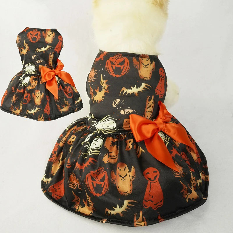 Halloween Dog Clothes with Pumpkin Print Funny Pet Dress Chihuahua Yorkie Clothing Bow Mesh Party Clothing Cat Costume Dog Dress