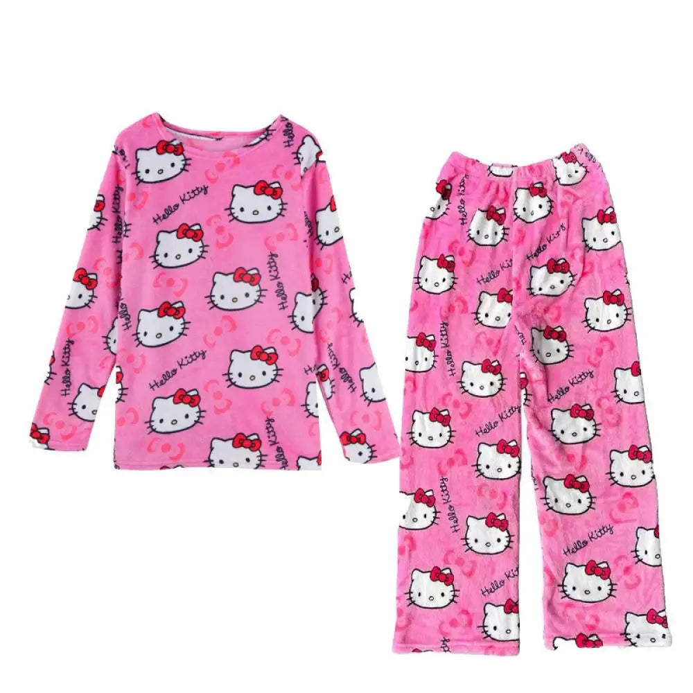 2PCS Sanrioed Hello Kittys Kawaii Loungewear Set Loose Flannel Ladies Pajama Pants Girl Autumn Women Casual Cute Home Clothing