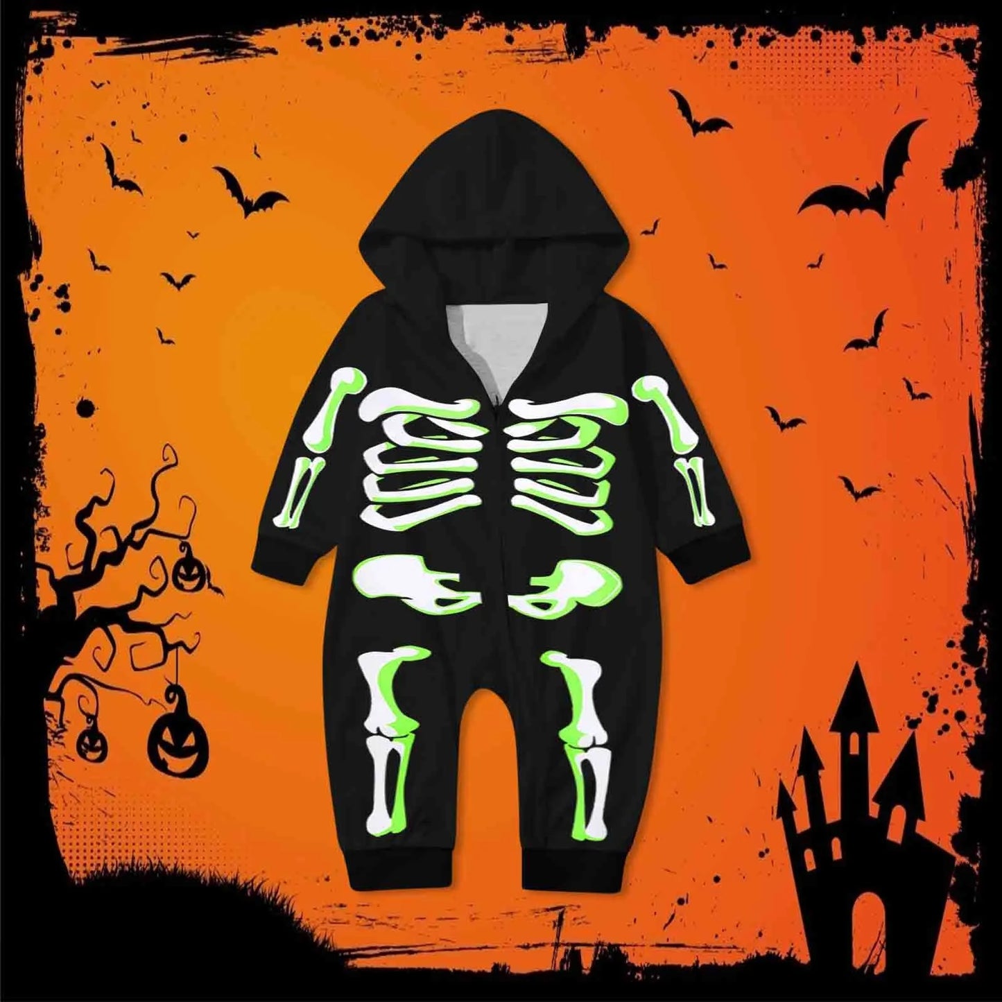 Halloween Parent-Child Skeleton Print Jumpsuit with Zipper Hood