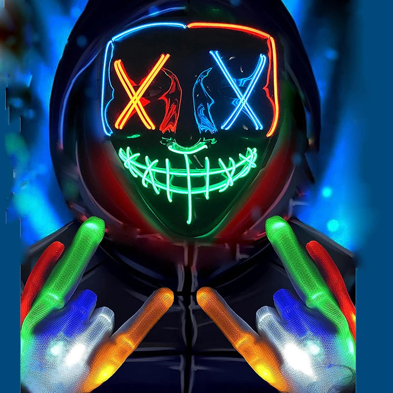 LED Light Up Neon Mask with LED Gloves, Perfect for Halloween and Cosplay Costumes