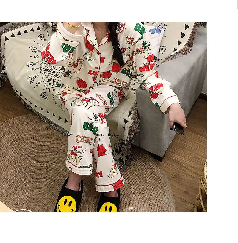 Ins Christmas Tree Snoopy Pajamas Cartoon Soft Female Cardigan Couple Long Sleeved Trousers Anime Home Service Suit Girls Gifts