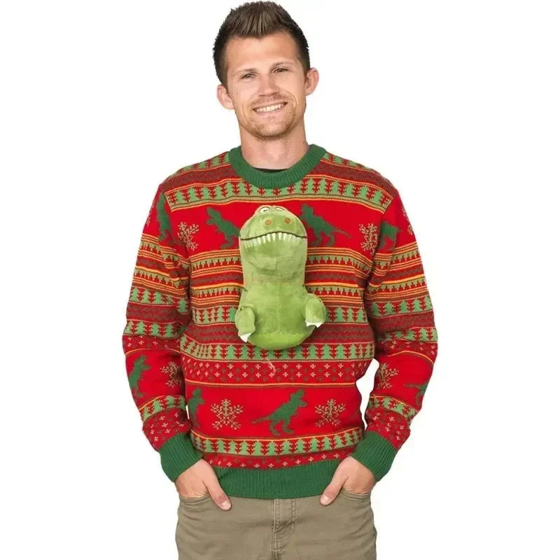 2023 Christmas Sweater Unisex 3D Dinosaur Ugly Cartoon Knitted Clothing Doll Pullover Funny Parties Holiday Jumper Top Cool Gift