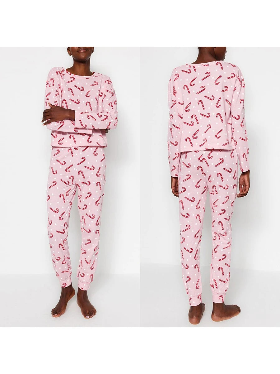 Women Christmas Pajamas Set Candy Cane/Elk Print Long Sleeves Shirt and Elastic Pants Loungewear Soft Sleepwear