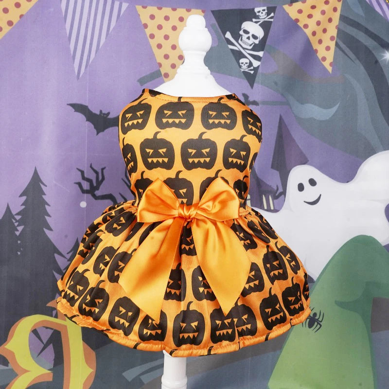 Halloween Dog Clothes with Pumpkin Print Funny Pet Dress Chihuahua Yorkie Clothing Bow Mesh Party Clothing Cat Costume Dog Dress