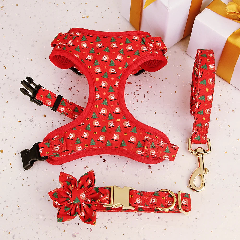 3pcs/set Dog Harness Collar Leash Set Christmas Gift Set for Dogs Cute Flower Accessory Dogs Christmas Collar for Chihuahua Pug