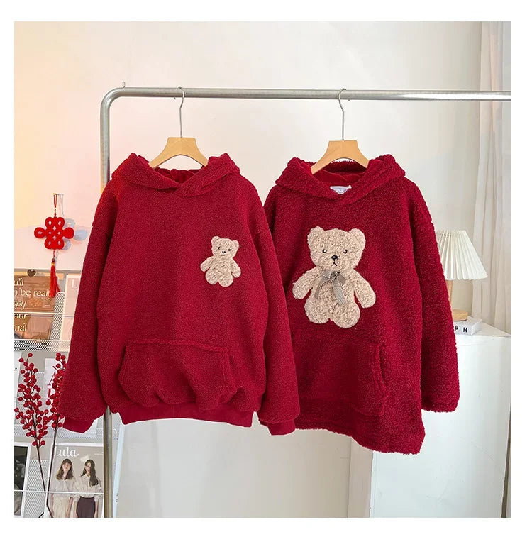 Mom Dad and Children's Winter Red Hoodies for Whole Family Bear Clothes Christmas Mother Father Daughter Son Hooded Sweatshirts