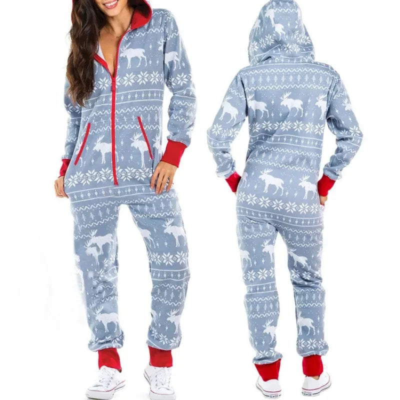 Christmas Printed Hooded Jumpsuit for Women 2023 Autumn Winter Couples New Striped Elk Zipper Pocket Pajamas Sleepwear