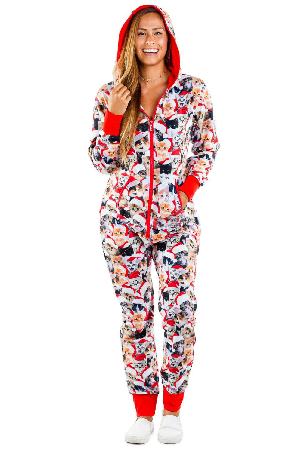 Christmas Printed Hooded Jumpsuit for Women 2023 Autumn Winter Couples New Striped Elk Zipper Pocket Pajamas Sleepwear