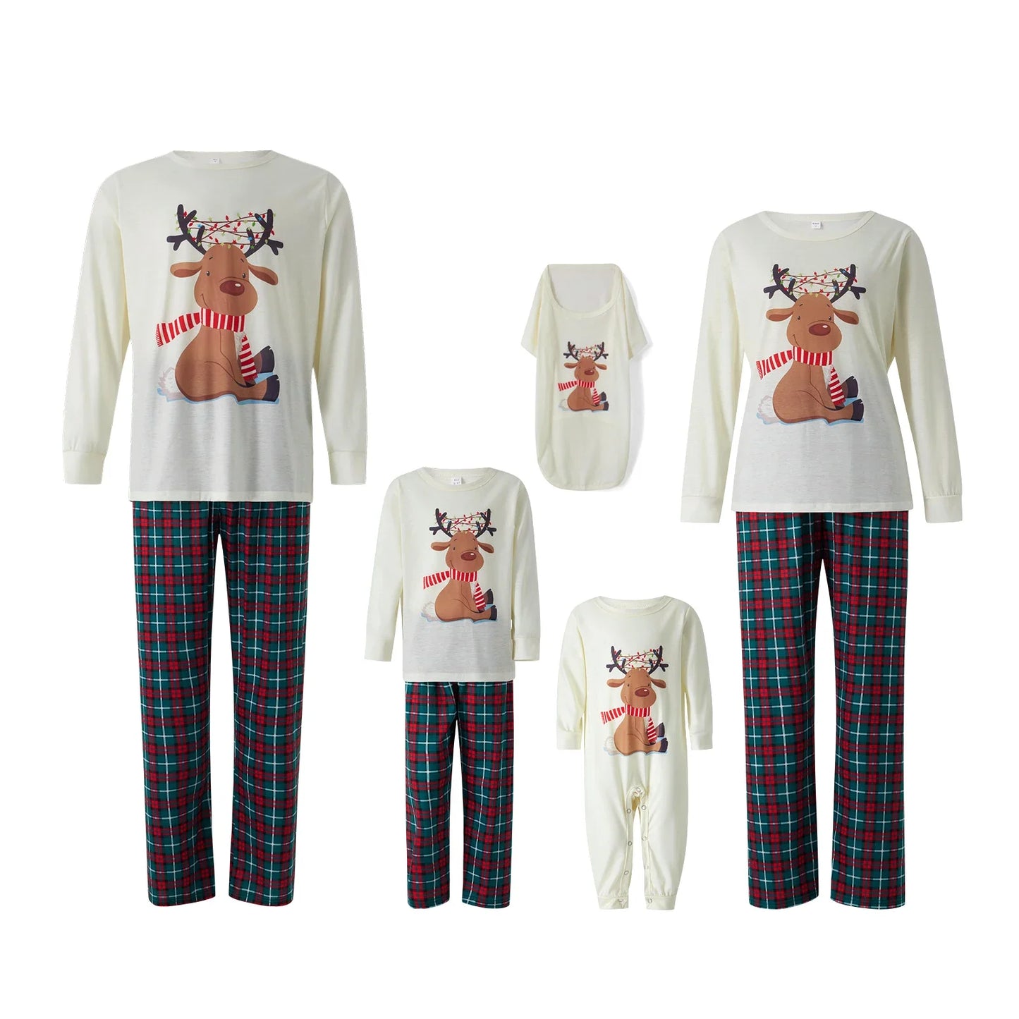 Family Christmas Pajamas Matching Set, Elk Print Long-Sleeve Tops with Plaid Pants Sleepwear Set for Adult, Kid, Baby, Dog