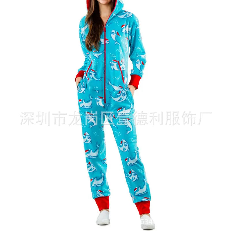 Christmas Printed Hooded Jumpsuit for Women 2023 Autumn Winter Couples New Striped Elk Zipper Pocket Pajamas Sleepwear