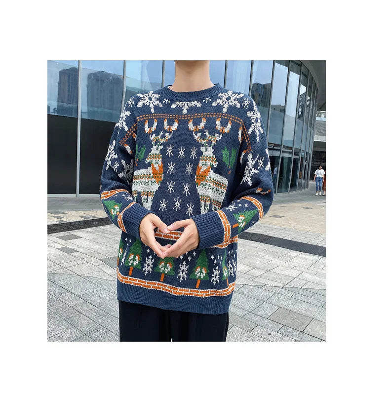 Korean Style Christmas Elk Sweater – Casual Crew Neck Long Sleeve Pullover