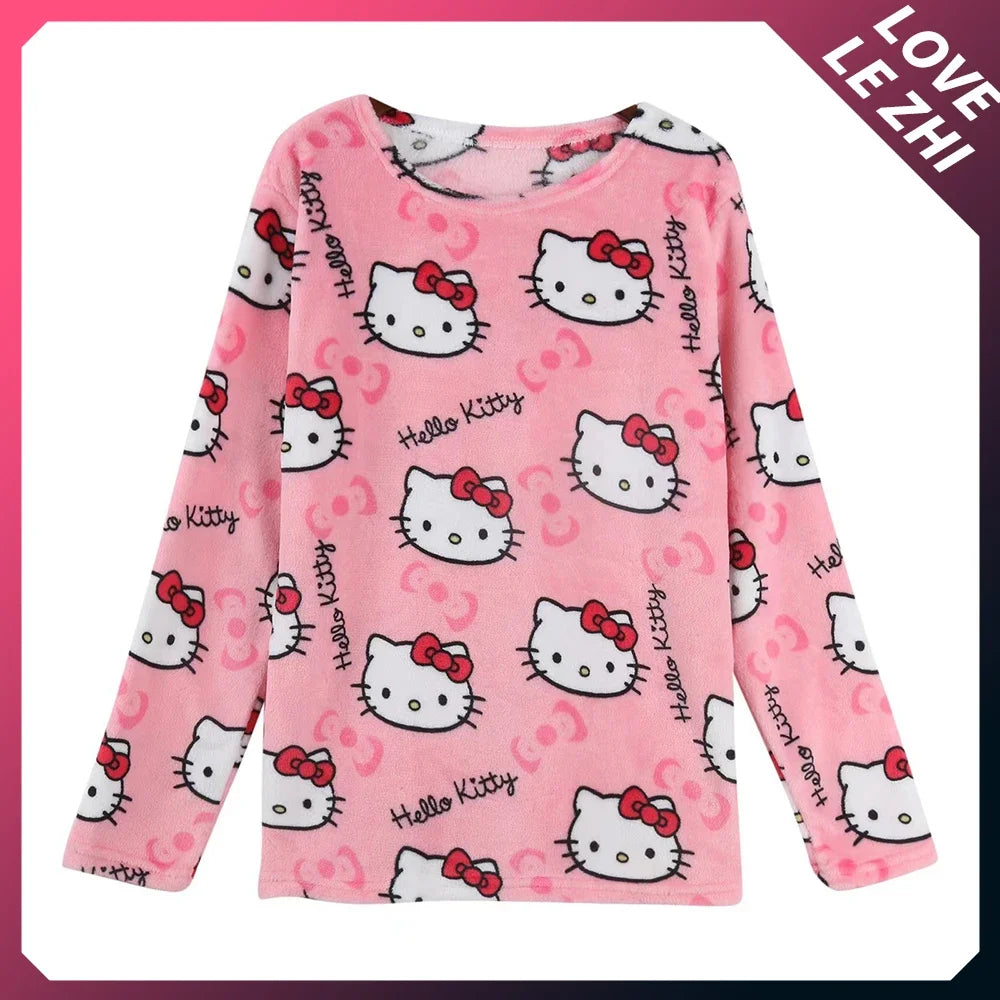 2PCS Sanrioed Hello Kittys Kawaii Loungewear Set Loose Flannel Ladies Pajama Pants Girl Autumn Women Casual Cute Home Clothing