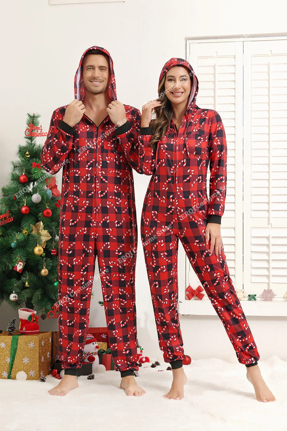 Adult Onesie Pajamas Christmas Matching Pajamas For Couples Black&Red Grid Pajamas Set Family One Piece Jumpsuit Hoodie Women